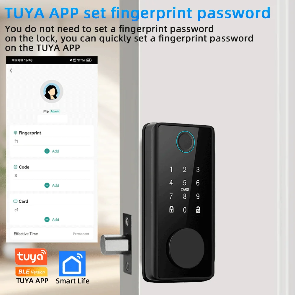 RAYKUBE DS01 4-language Tuya Smart Fingerprint Deadbolt Lock with Latch/Door Sensor Auto Lock Key/Password/Card/ Tuya APP Unlock