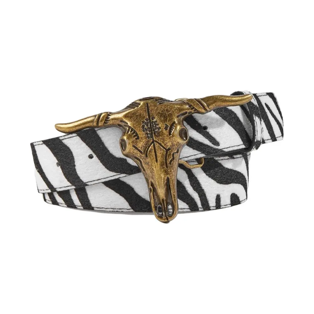 Western Bull Skull Buckle Leather Belt Zebra Print 3.8cm Wide Rivet Embossed Belt Trendy Brand Luxury Design Ox Head Waistband