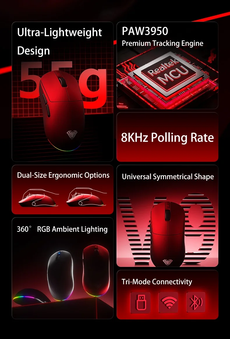 Aula V9 Ultra Wireless E-sports Gaming Mouse Double 8k 3mode PAW 3950 8k 55g Lightweight Ergonomic Mouse Custom PC Accessory