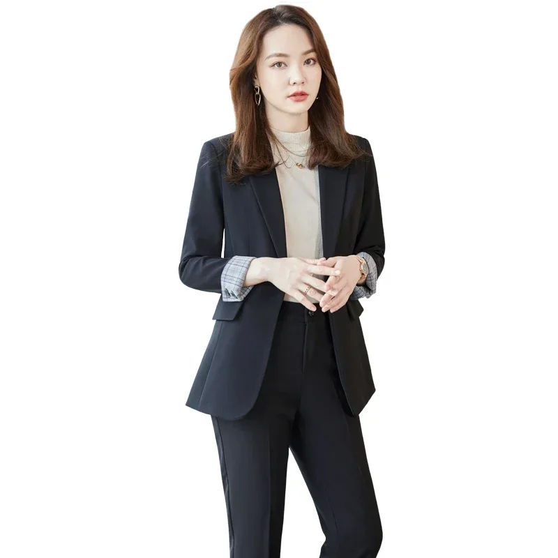 Traje de pantalón clásico negro albaricoque para mujer, traje de 2 piezas para oficina, ropa de trabajo de negocios, conjunto Formal de chaqueta y pantalón, otoño e invierno, 2021