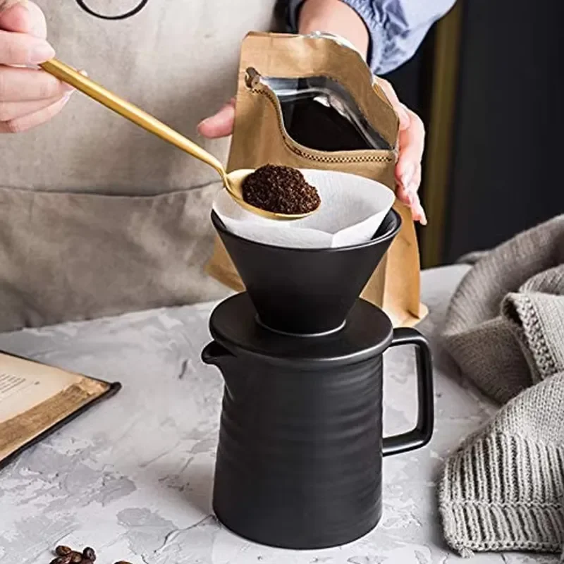 Black Ceramic Coffee Filter Pot Heat Resistant Dripper Set Pour Over Brewing Kit Manual Coffee Maker for Home Office Use