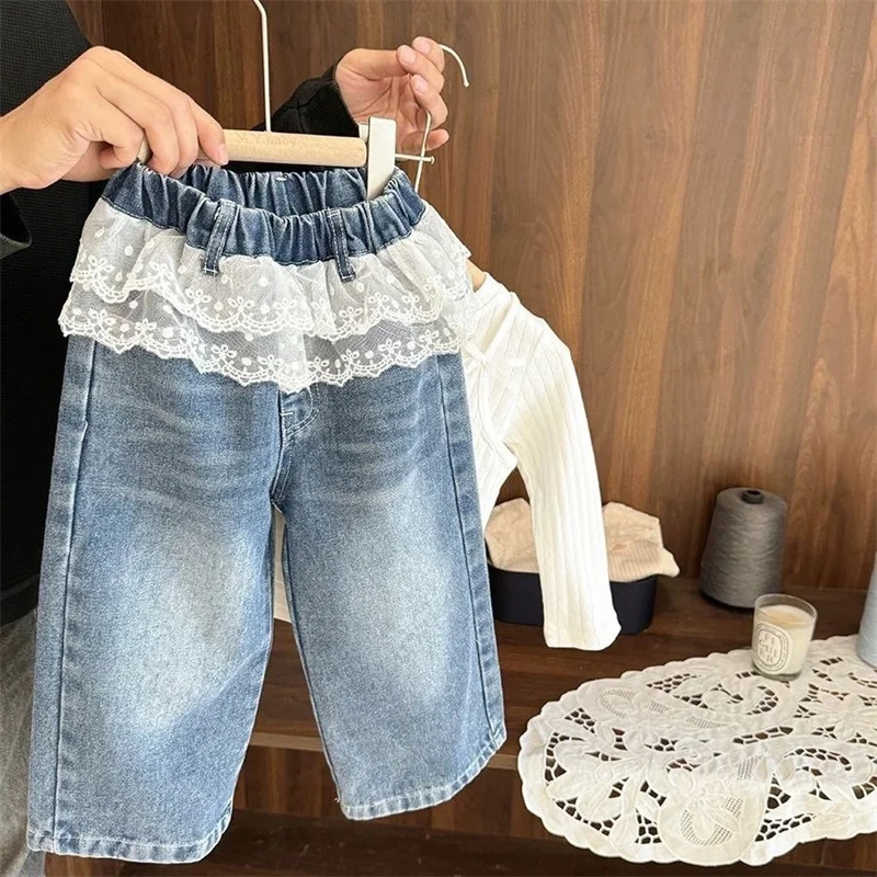 Children's Girls Jeans Princess Lace Splicing Pants 2025 New Girl Spring Fashion Trousers Kids Casual Autumn Clothing 2-10Y