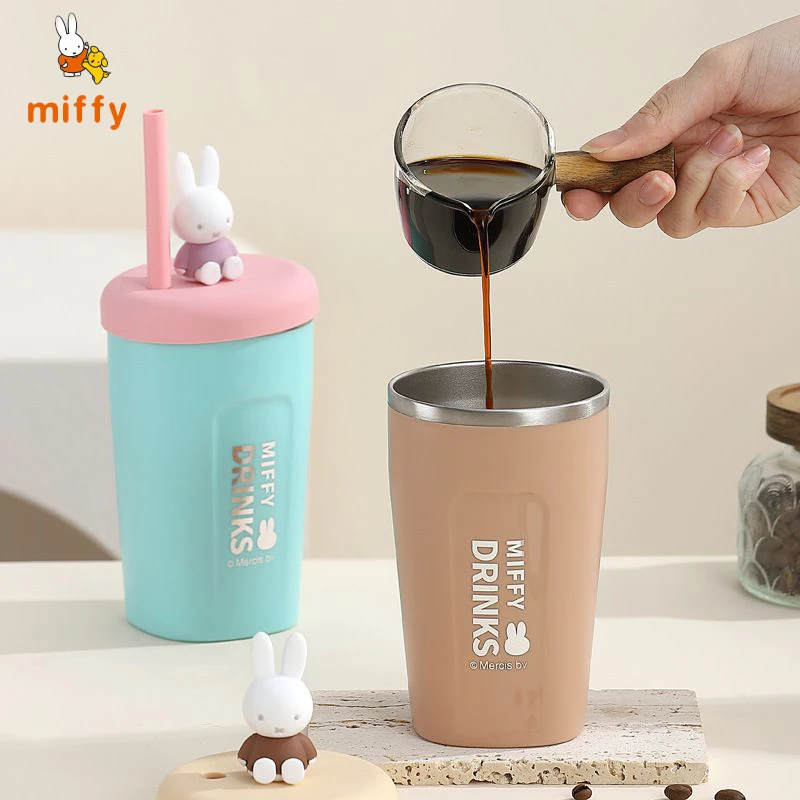 

450ML Miffy Coffee Cup Cartoon Stainless Steel Mug with Lid Student Office High Quality Straw Cups Anime Accessories Girls Gifts