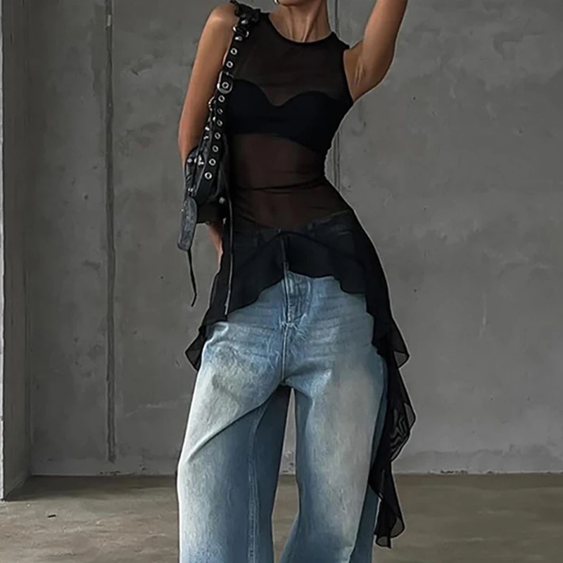 Tornova Mesh See Through Women's T shirt Fashion Sleeveless Streamer Splice Top Solid Slim Color Sexy T shirt 2025 Summer New