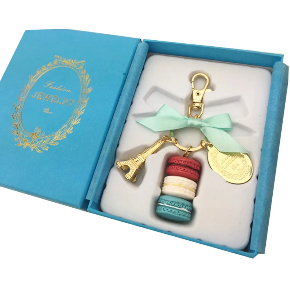 

Alloy Bowknot Macaron Cake Pendant Gold Color Bag Charm Eiffel Tower Key Chains Dessert With Gift Box Macaron Key Ring