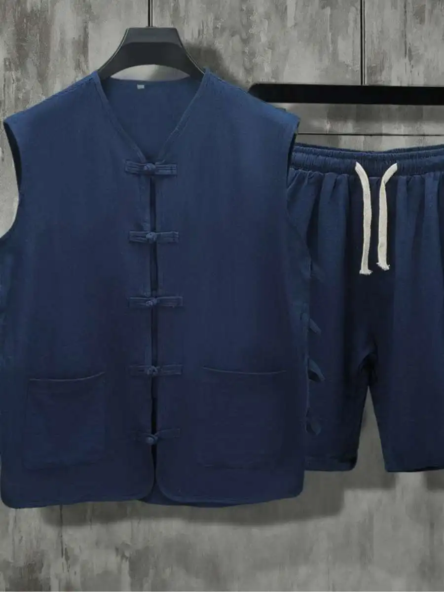 

Новый летний комплект из хлопка и льна для мужчин: жилет с ажурным узором и брюки-шаровары (комплект из двух предметов)