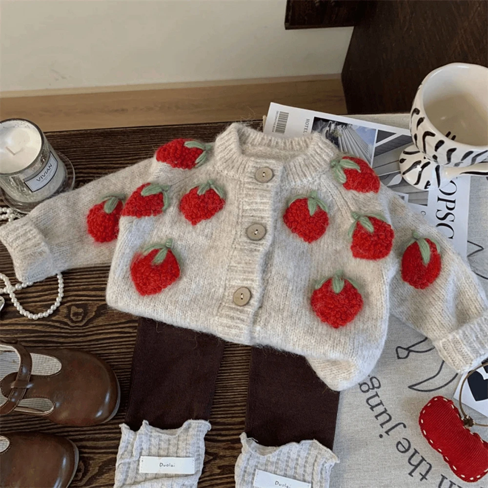 Kids Girls Strawberry Sweater Suit Autumn Winter Cute Single Breasted Knitted Cardigans Coats+Leggings 2Pcs Children Clothes Set