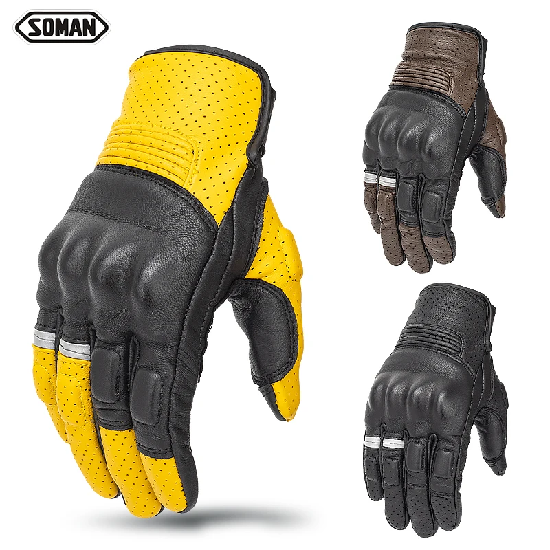 

Reduce Collision Goat Leather Motorcyclist Gloves Full Finger Breathable Motorbike Gloves Non-Slip Retro Motorcycle Gloves