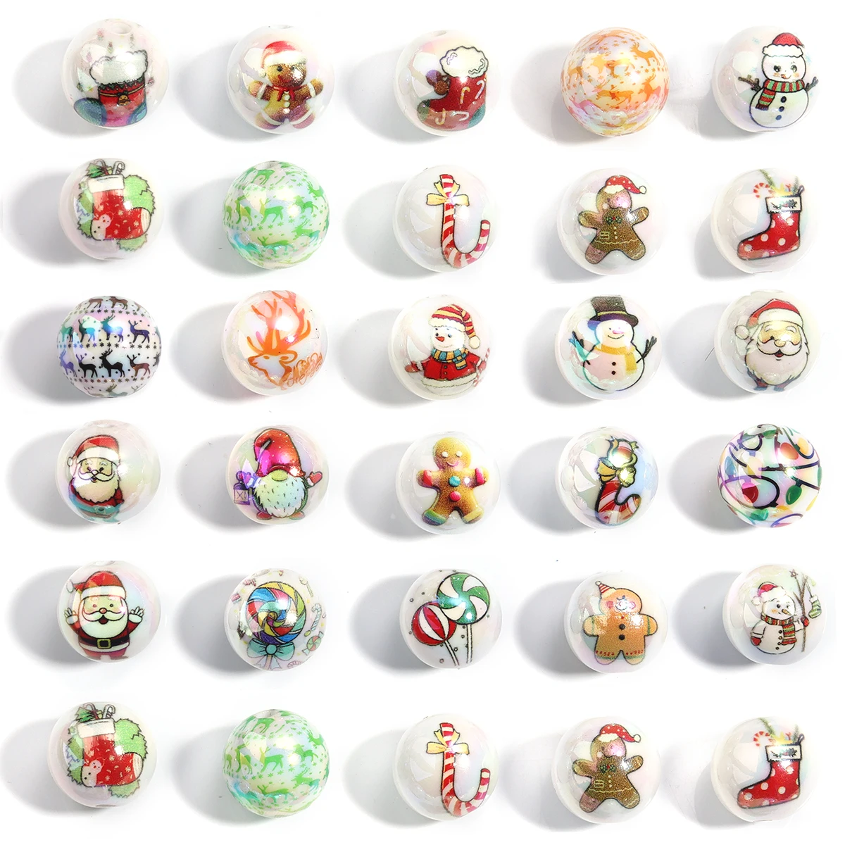 

10Pcs Christmas Color Drawn Christmas Tree Santa Claus Acrylic Beads Round Loose Spacer Beads For Handmade Crafts DIY Supplies