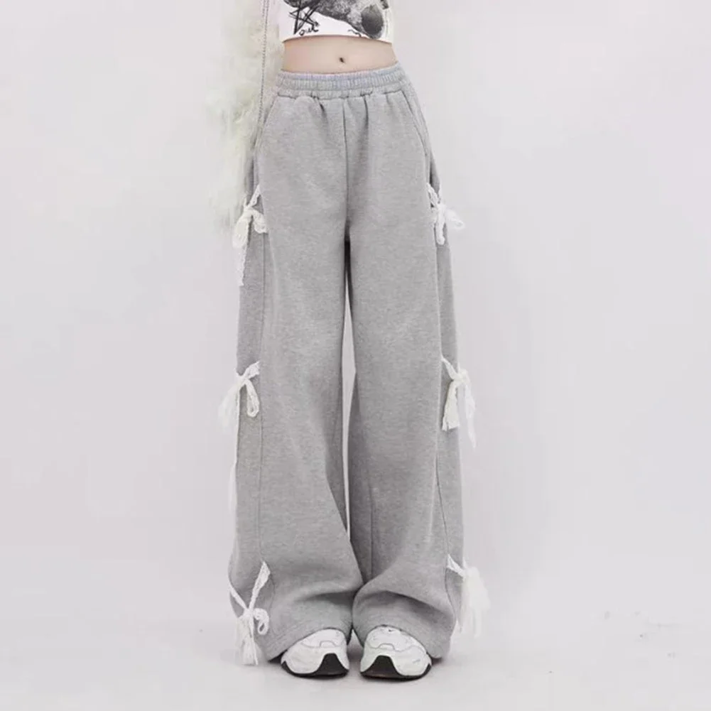 Everyday Wear Pants Bow Decorated Pants Casual Outing Polyester Fabric Simple Style Slightly Elastic Solid Color Design