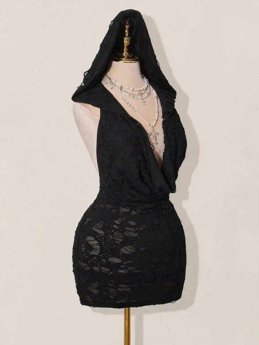 

Black Plunging Neck Distressed Lace Bodycon Mini Dress For Party