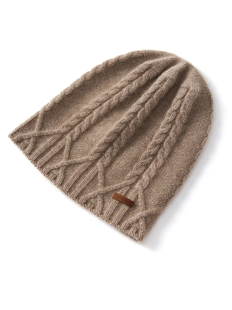 100% Cashmere Knit Cable Beanie Caps Solid Thick Soft Hat Fashion Autumn Winter Warm Highstreet Caps Women Pure Cashmere Bonnet