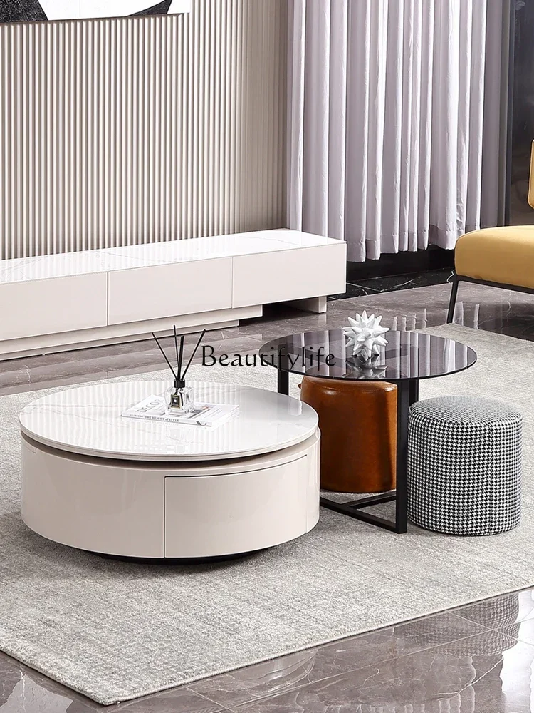 Cream Style Stone Plate Coffee Table Simple and Light Luxury round Rotatable Living Room Nordic Fresh