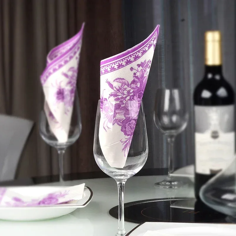 20pcs/Pac Purple Classic Gardenia Colourful Printed Napkin Wedding Facial Napkin Placemat Wine Glass Flower Arrangement Paper