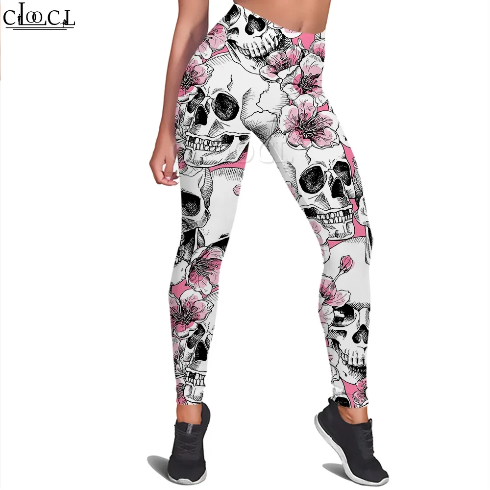 CLOOCL ผู้หญิงเลกกิ้งดอกพีชและกะโหลก 3D พิมพ์กางเกงสำหรับหญิงออกกำลังกายดันขึ้นจ๊อกกิ้งกางเกงเอวสูง
