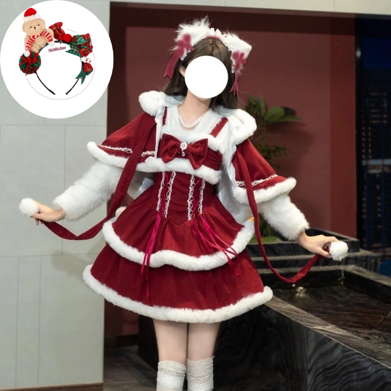 فستان لوليتا الحلو للسيدات لعيد الميلاد أزياء تنكرية يابانية كاواي لعيد الميلاد فساتين Jsk باللون الأحمر بدلة كيب لملابس الحفلات #1