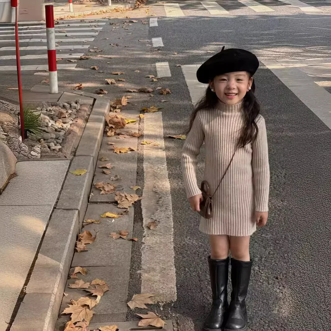 Girls Sweater Autumn and Winter New 2024 Children Pullover Korean Versatile Fashion Base Knitted Sweater Dress Trend