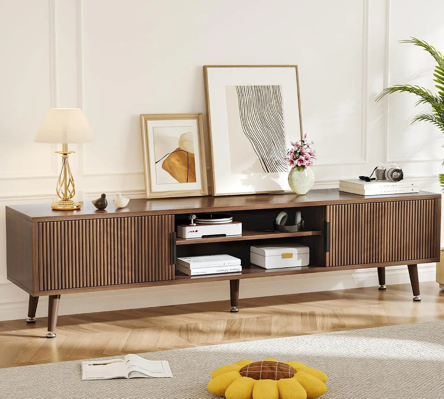 Mid Century TV Stand Console for TVs up to 70 Inches Entertainment Center with Storage 62 Inch Walnut, Customized