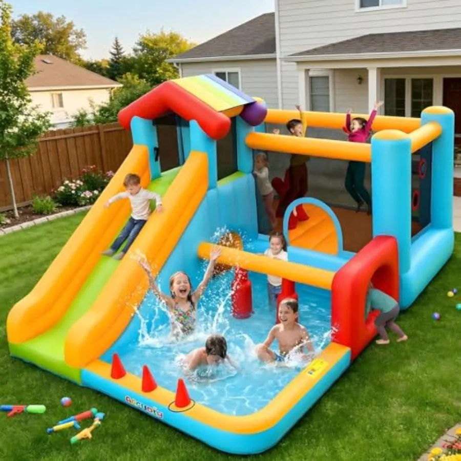 

16-in-1 Water Slide Bounce House Obstacle Course with Long Slide Climbing Wall Jump Area Target Ring Toss for 3-6 and Big 8-12