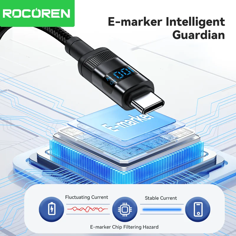 Rocoren 100W USB Type C Cable With Digital Display 5A PD3.1 Fast Charge Type-C Cable For MacBook iPhone 16 15 Pro Samsung Xiaomi