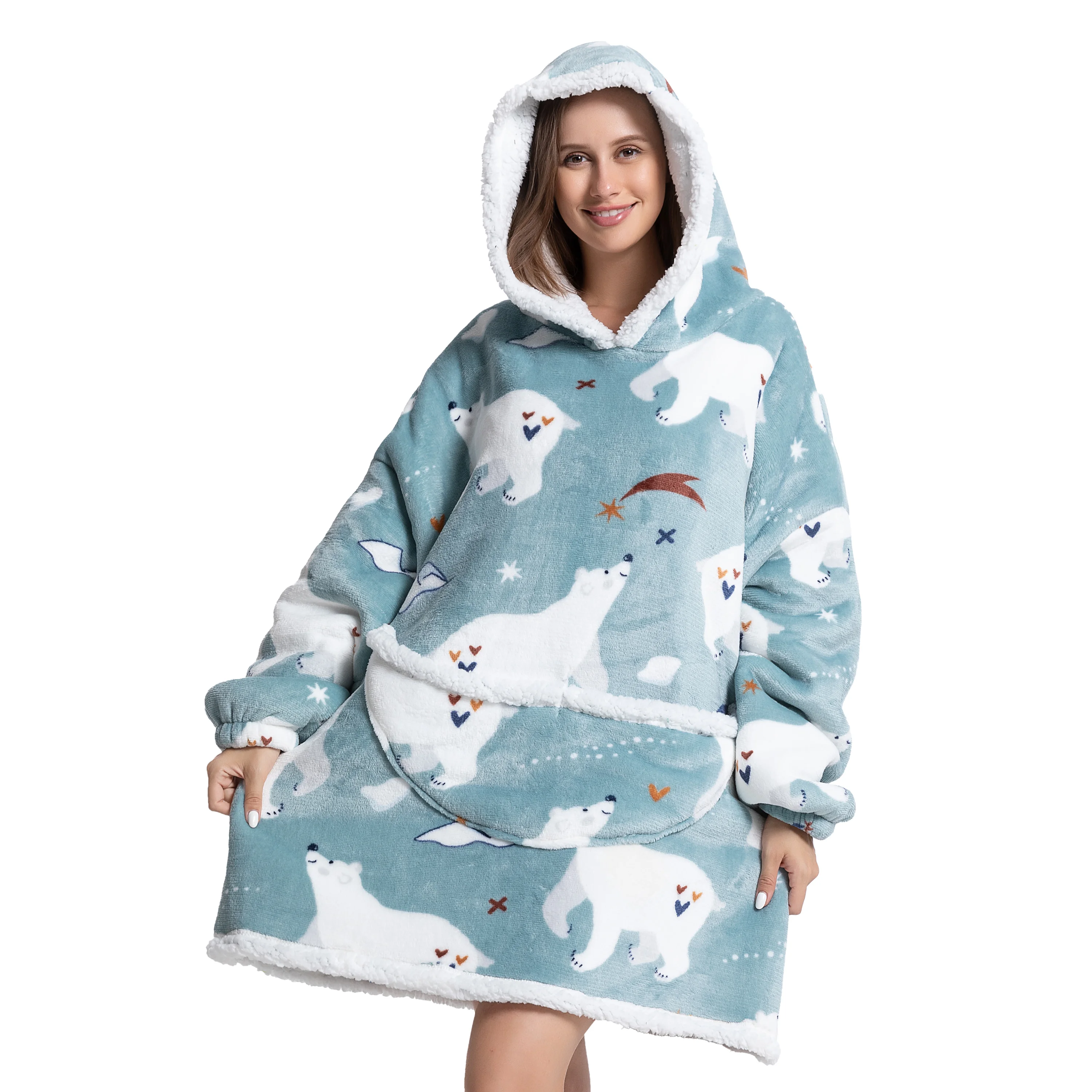 Kids Babys Warm Thick Oversized Wearable Blanket Hoodie for Winter Giant Hooded Sweatshirt Blanket with Sleeves Cartoon Animal