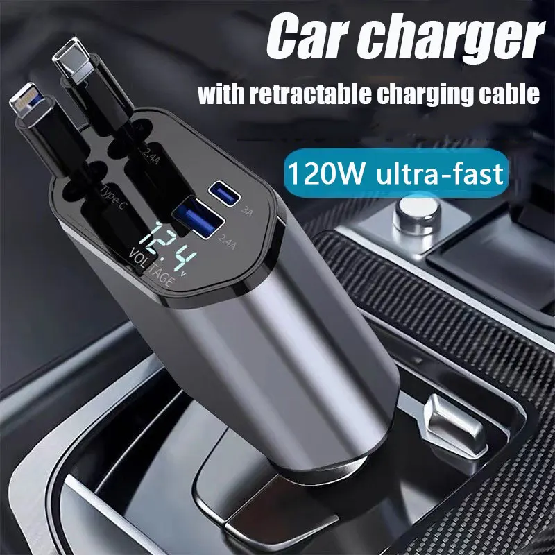 

4 в 1, 120 Вт, выдвижное автомобильное зарядное устройство, кабель USB PD типа C для мобильного телефона, шнур быстрой зарядки для iPhone, прикуриватель, адаптер QC