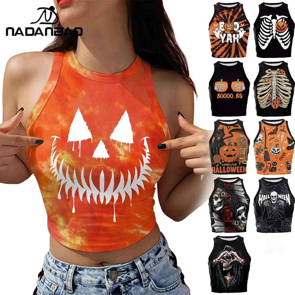 Nadanbao Women‘s Halloween Crop Tops 3D Digital Printed Sleeveless Shirts Lady Y2K Gothic Tank Top Fashion Summer Party Vest