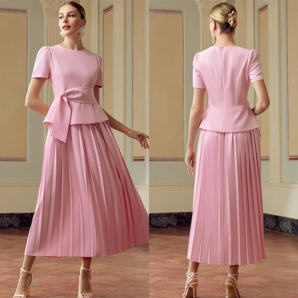 

Customized Delicate pink Jersey Evening Dress Elegant Graceful Crew Neck Short Sleeves Prom Dress Modern Zipper Back Party Dress