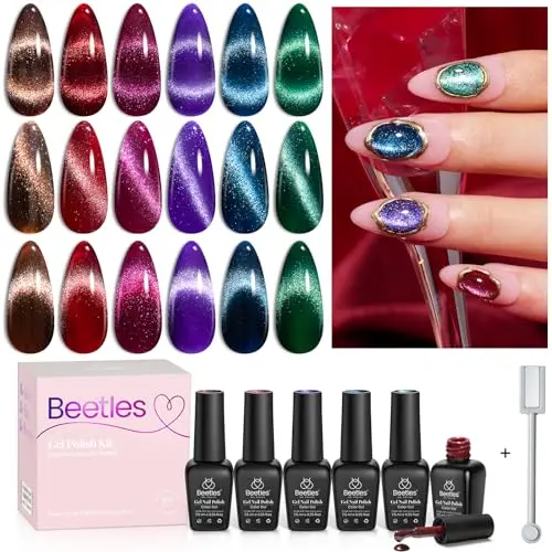 Beetles Fall Cat Eye Gel Nail Polish Set 6 Colors Red Shiny Brown Burgundy Purple Blue Green Chocolat Magnetic Glitter Gel Polish Nail Art Manicure Kit