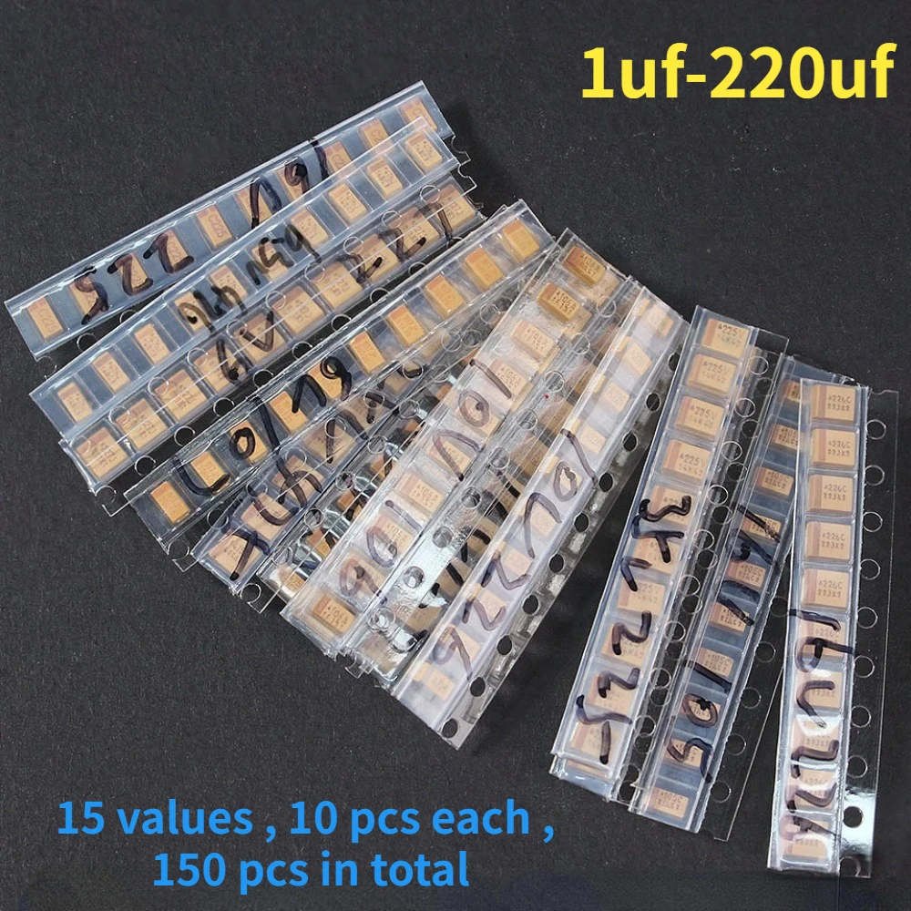 150PCS SMD Chip Tantalum Capacitor Combination Kit 1uf to 220uf A/B Case 15 Values Capacitors Tantalum Capacitors Kit