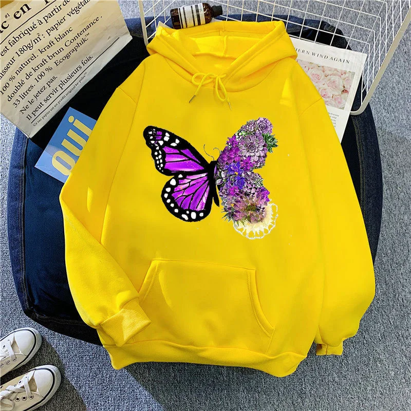 Korean Trend Sweatshirts for Woman Butterfly Print Autumn Female Hoodie Long Sleeves O-neck Pullovers Sporty and Rich Clothing