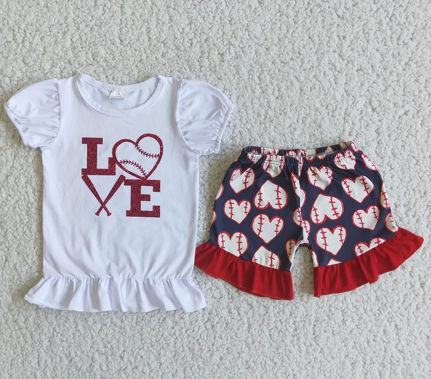 RTS wholesale kids clothing toddler girl baseball tunic red shorts set girls summer outfit children clothes set