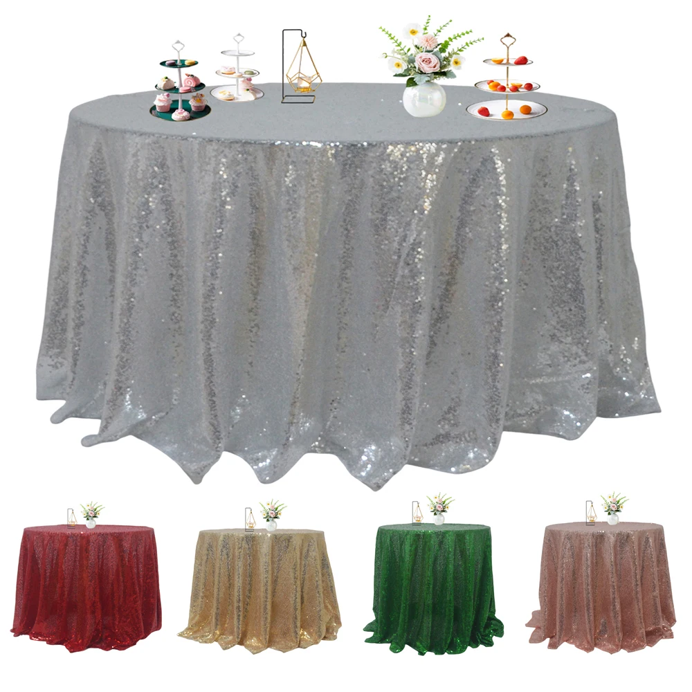 Round 4Ft/6Ft Sequin Tablecloth Sparkly Silver Drape Table Cloth For Wedding Birthday Christmas Baby Shower Dining Table Cover