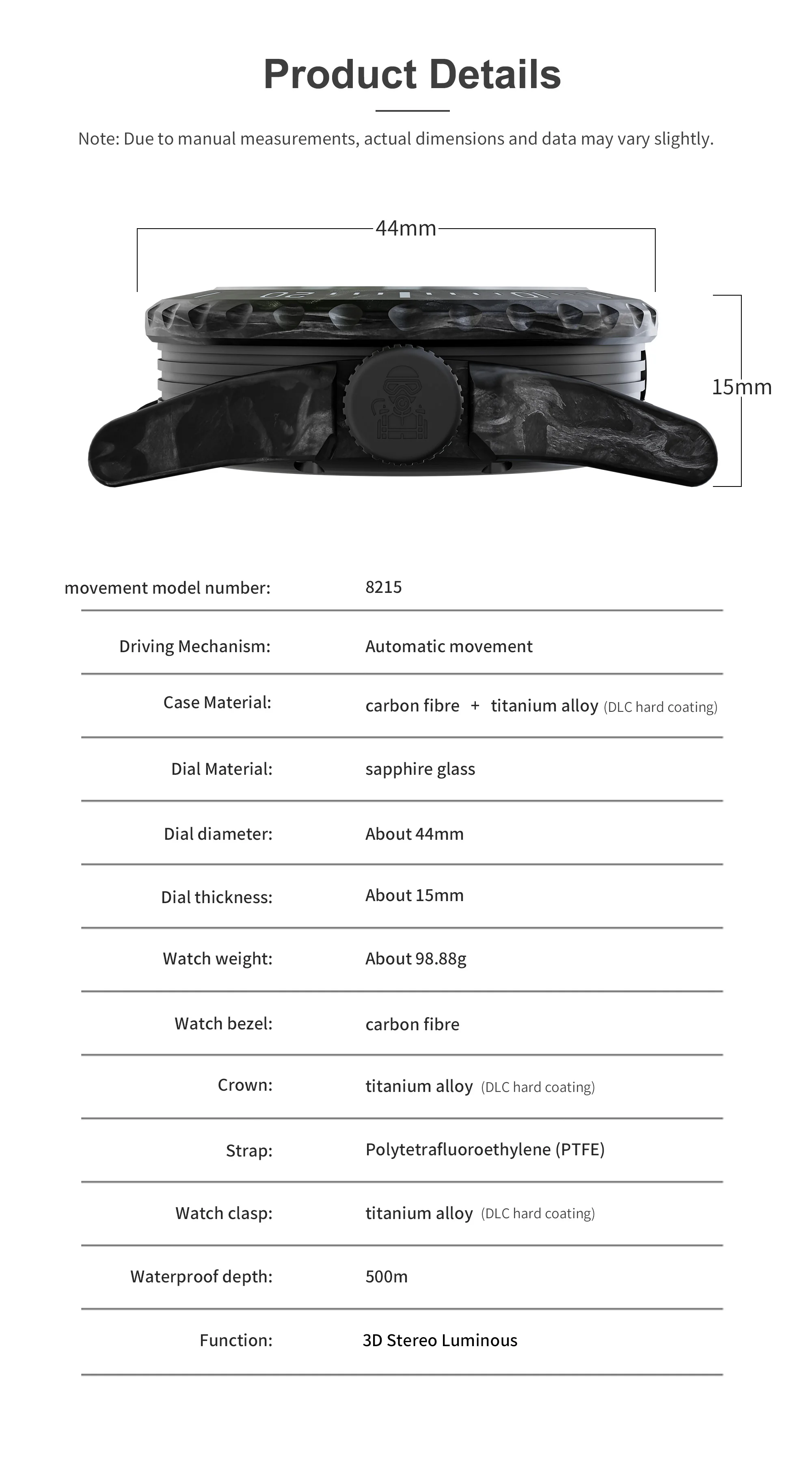DREAMAS Automatische mechanische Taucheruhr aus Kohlefaser, 500 m wasserdicht, Schweizer 3D-Leuchtzifferblatt mit rotem Farbverlauf, Sport-Armbanduhr – Detail 2