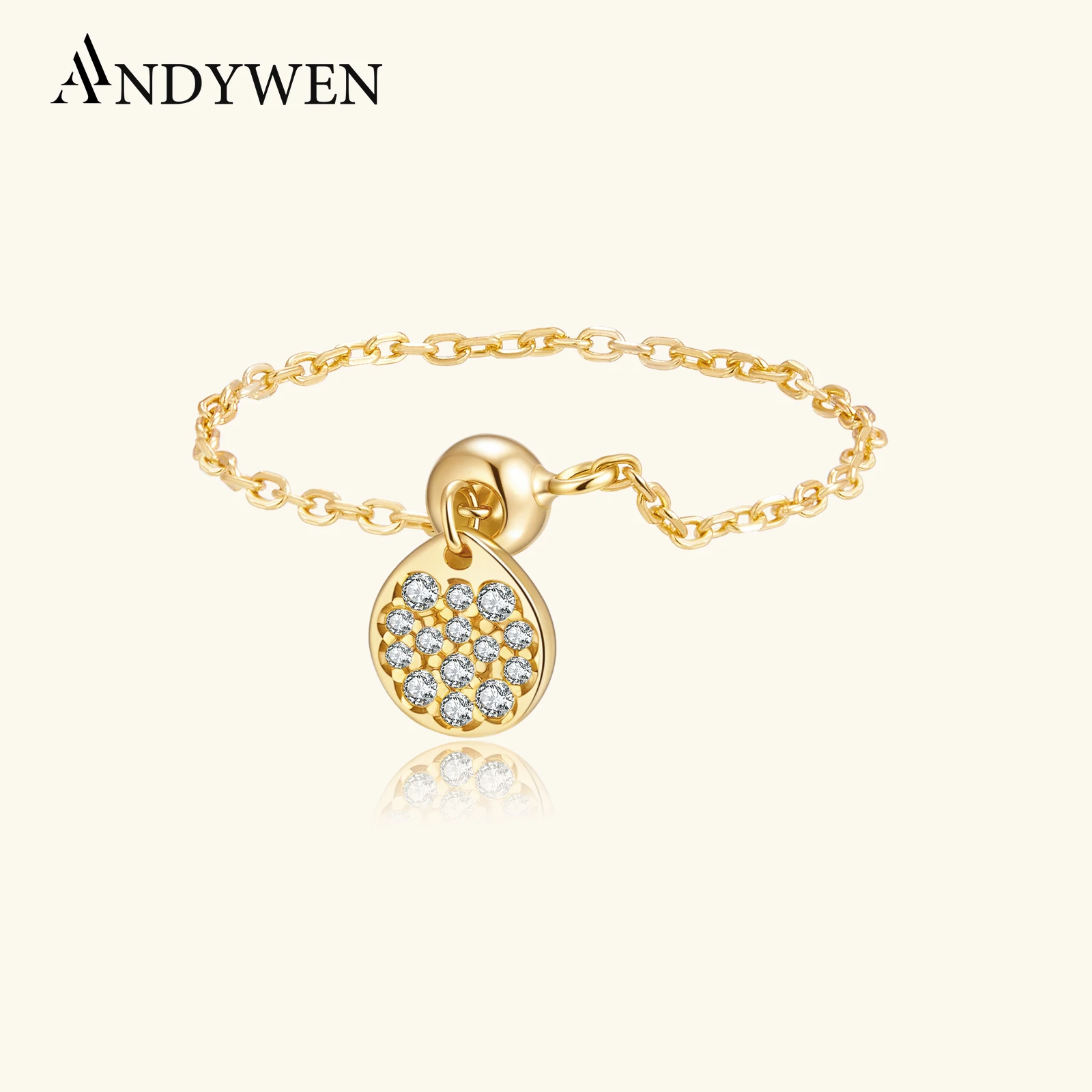 

ANDYWEN 925 Sterling Silver Water Drop Shape Zircon CZ Adjustable Chain Ring Chic Party Dating Jewelry Gift for Women