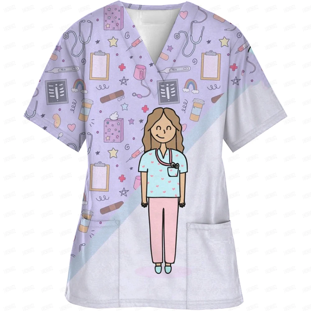 Women Nurse Uniform Cartoon 3d Print V-Neck Pocket Medical Uniforms Cartoon nurse Nursing Scrubs Tops Uniforme enfermera Kawaii