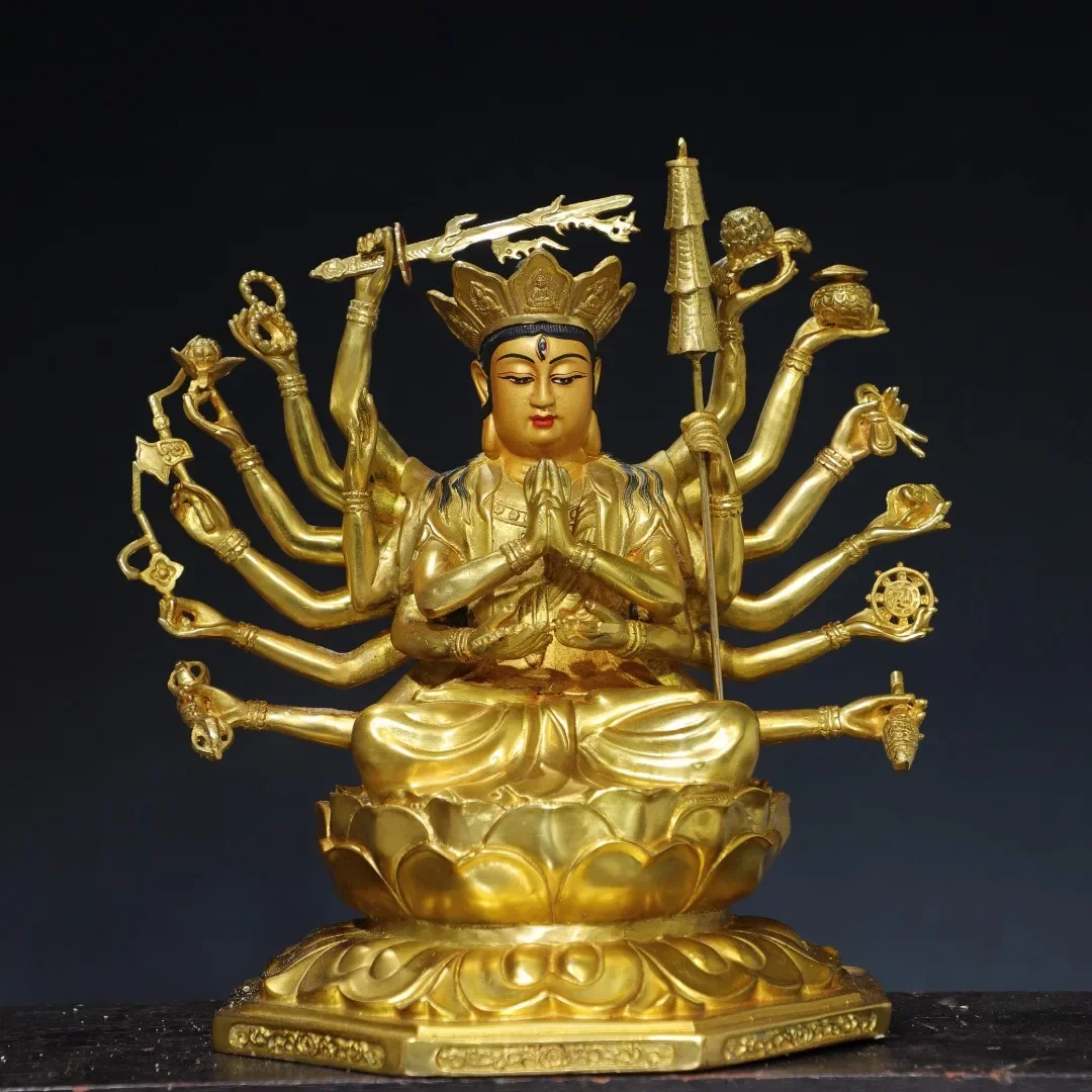 

12"Tibetan Temple Collection Old Bronze Gilded Painted Face Cundhi Bodhisattva Buddha Lotus Terrace Worship Hall Town house