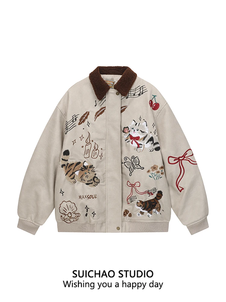 

Куртка Suichao в американском ретро-стиле с вышивкой, из искусственной кожи и хлопка, универсальная, для пар, свободного кроя, в стиле бейсбольной куртки