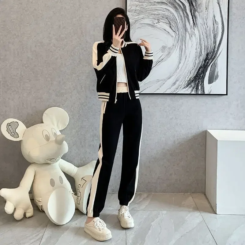 Spring and Autumn Solid Color Patchwork Sports Women's Set Zipper Jacket Elastic Waist Casual PantsTwo Piece Set