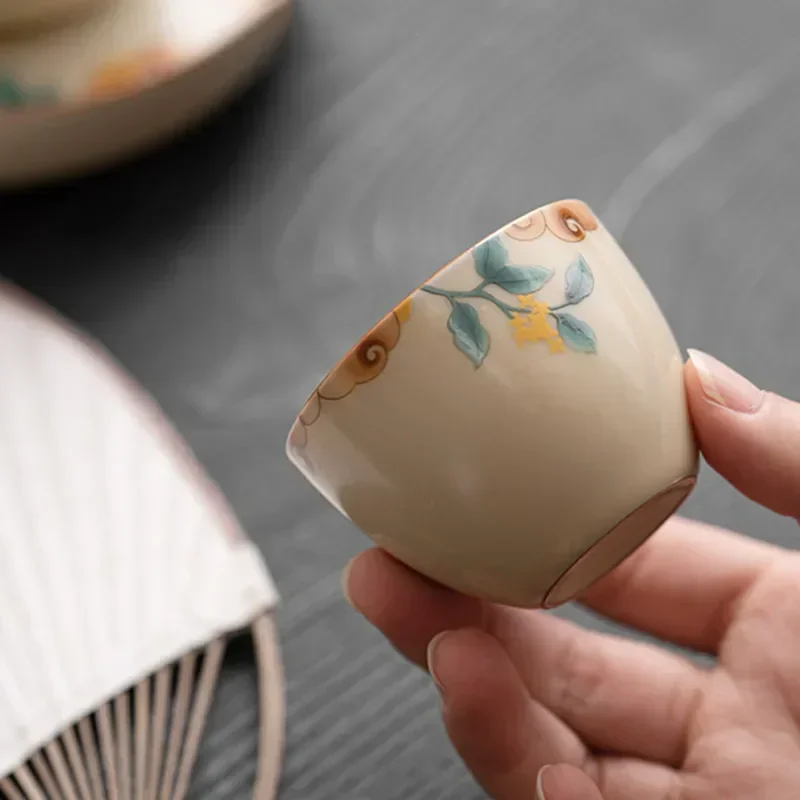 1 Pc Chinese Tradition Ru Kiln Tea Cup Hand Painted Leaves Pattern Ceramic Tea Bowl Household Teaware Handmade Teacup 50ml