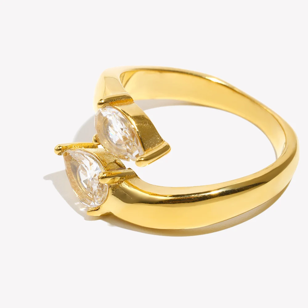 E.B.belle 18K Gold Plated Double-Headed Waterdrop Shiny Zircon Ring Minimalist 316L Stainless Steel Women Finger Jewelry