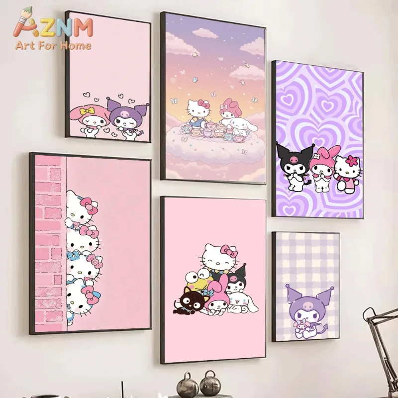 Sanrio Kuromi My Melody Canvas Wall Art Unframed Print Sweet Pink Heart Cartoon Poster for Bedroom Dorm Home Interior Wall D
