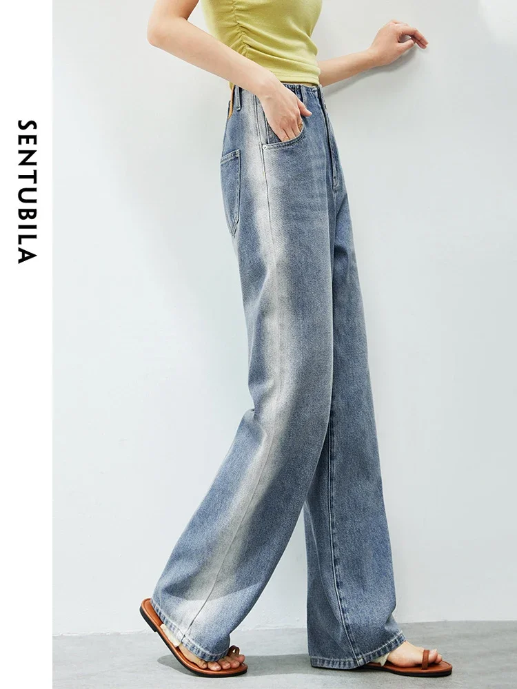 

SENTUBILA Vintage Washed Jeans Women Trousers 2024 Hight Street Cotton Blend Denim Pants Loose Wide Leg Straight Jeans W42N54347