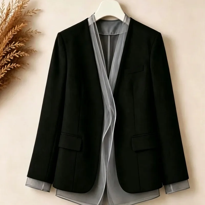 Women Spring Autumn Office Blazer Sheer Mesh Spliced Fake Two‑Piece Long Sleeve V‑Neck Elegant Business Suit Jacket For Ladies