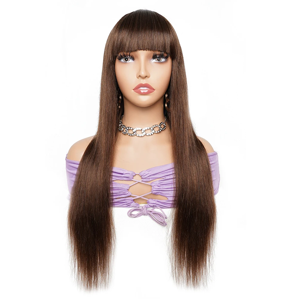 Color #2 Dark Brown Wigs With Blunt Bang Straight Fringe Full Machine Made Human Hair Wigs Pre-colored Indian Hair