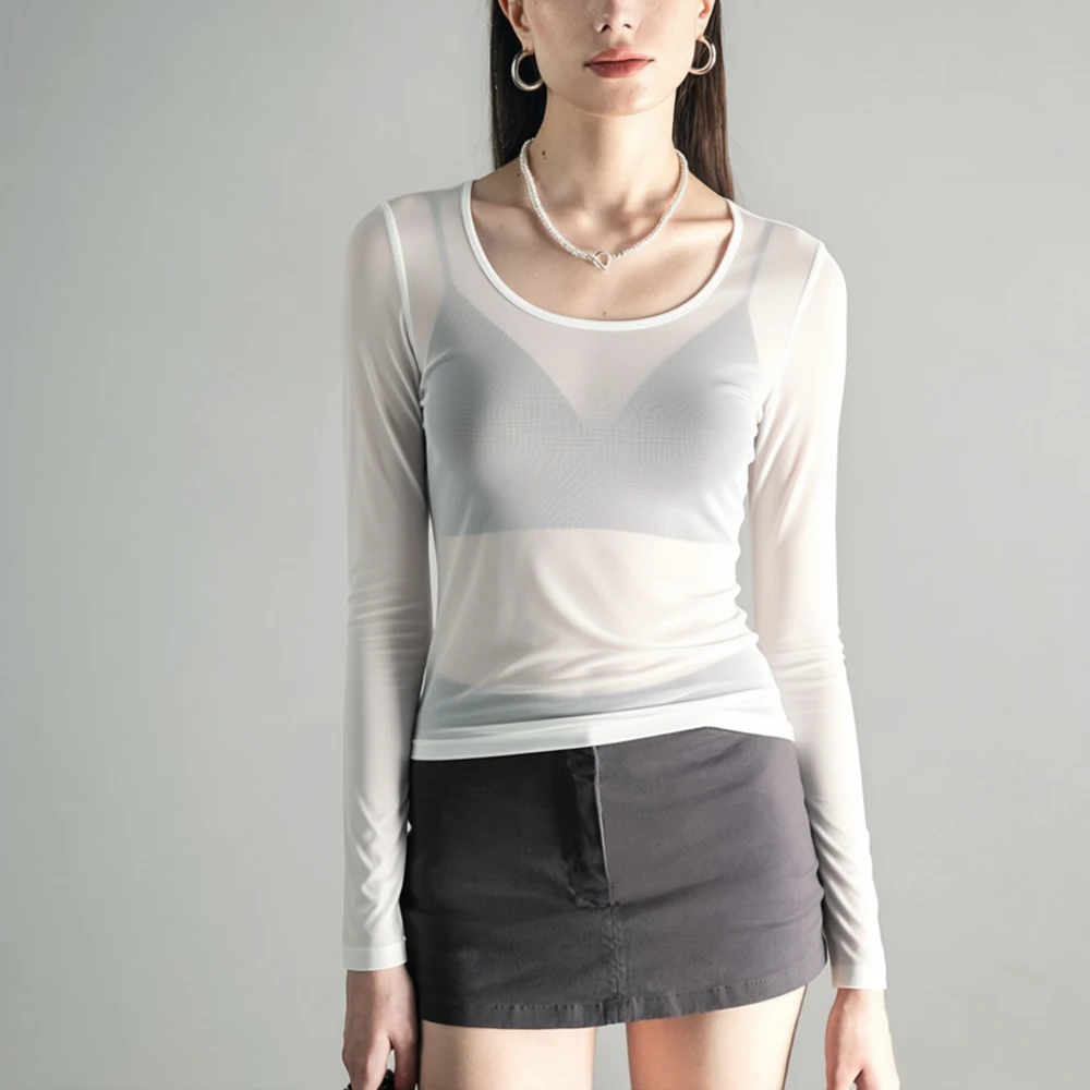 

Fashion Elastic Mesh O Neck Top T Shirt Womens S-XL Bottoming Blouses Girl Tops Gauze Aesthetic Clothes Office Lady Black Shirts
