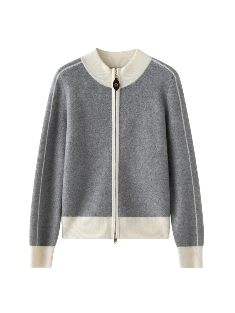 

Women's Pure Cashmere Cardigan Sweater O-neck Zippers Clashing Color Knitwear Jacket Soft Comfort Light Luxury Autumn Winter