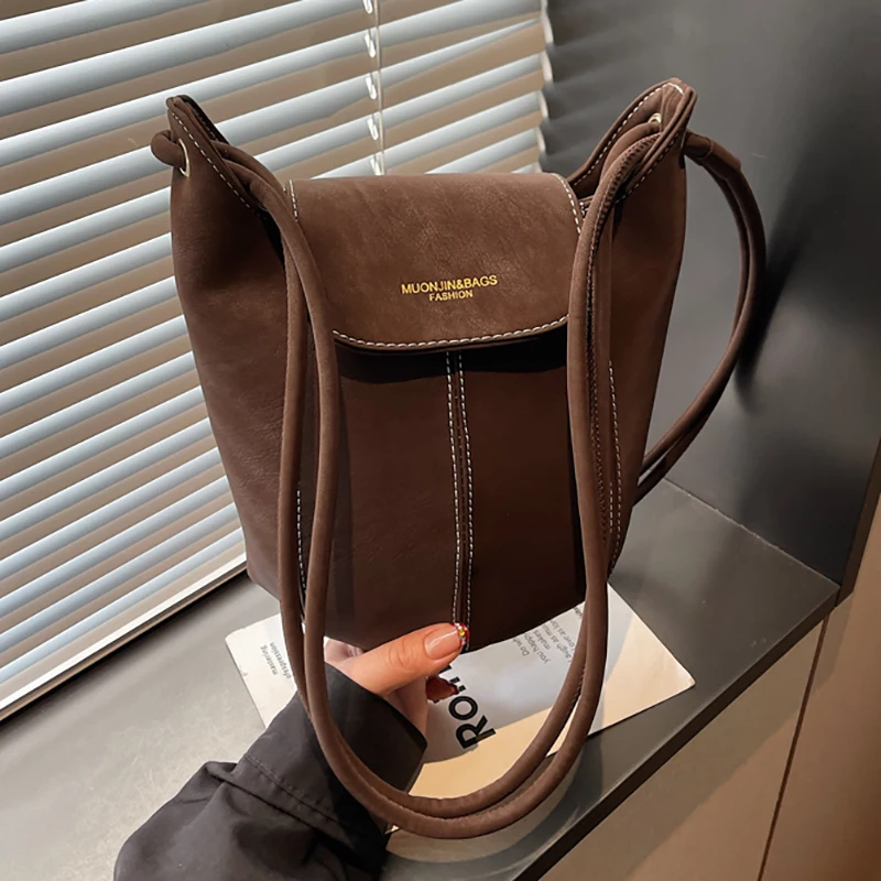 

Fall Winter Retro Faux Suede Bucket Bag 2025 New Niche Design Single Shoulder Underarm Crossbody Bag Soft Pure Color Daily Match