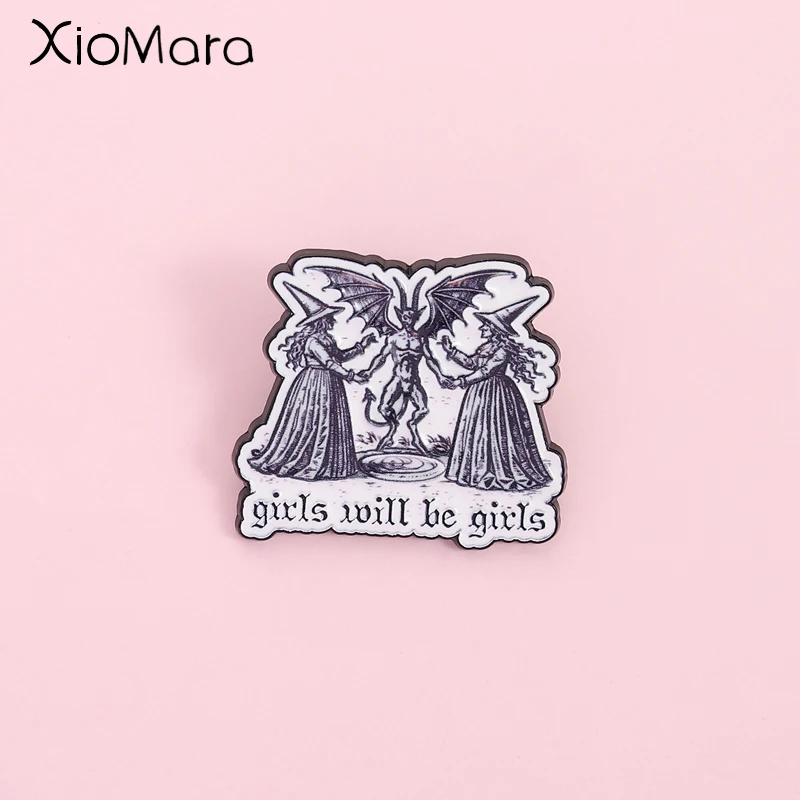 Dark Gothic Witch Enamel Pin Girls Will Be Girls Vintage Witchcraft Brooch Badges Backpack Accessories Gifts for Friends