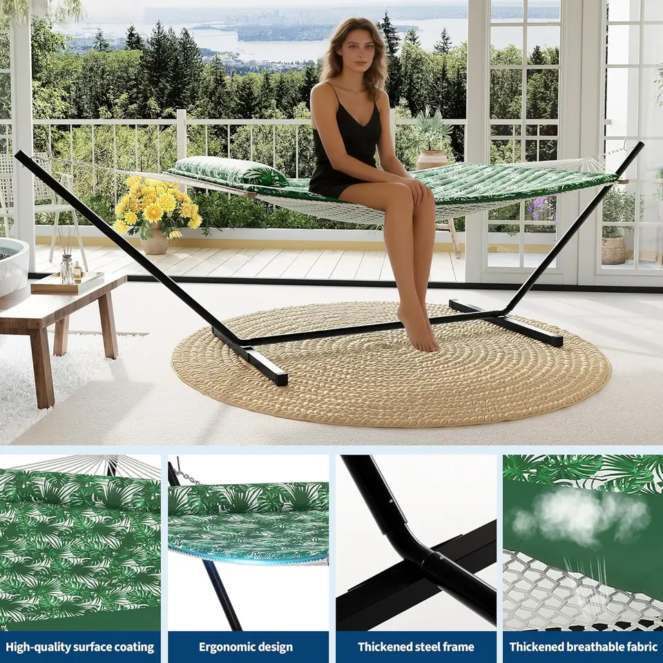 Double Portable Hammock with Adjustable Stand and Pillow
